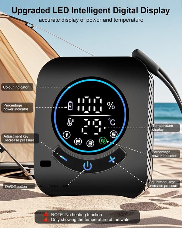 Bærbar campingdusj med 8000mAh batteri, smart display og 4 moduser