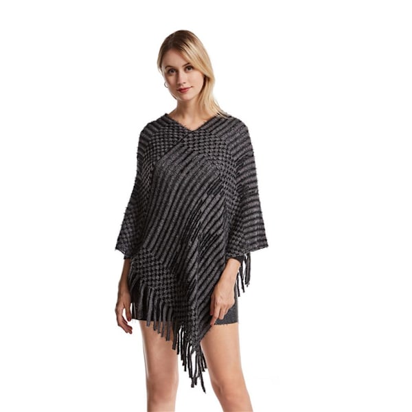 Fringed Hem Poncho Elegant Pullover Wrap med tofs Sweater Coat för höstens vintersemester