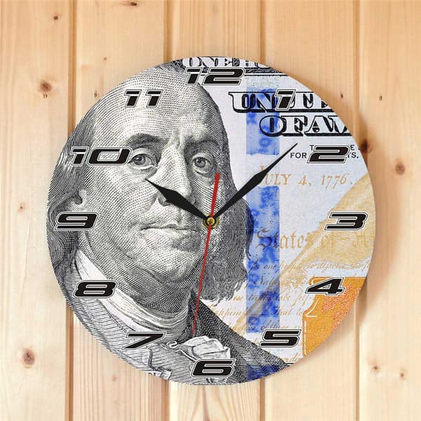 Benjamin Franklin väggklocka, 12 tums akryl 100-dollarsedel heminredning