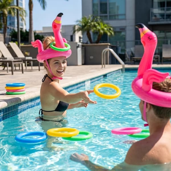 2 sæt oppusteligt flamingo-ringkastespil med 8 ringe til poolfester