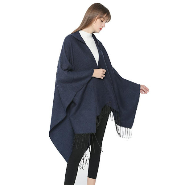 Hoodie Warm Cape Fringed Hem Poncho Open Front Coat för Lady Autumn Winter