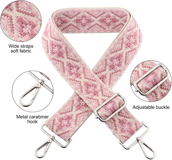 Justerbar bred axelremsrem med silverkrokar, rosa vävd design