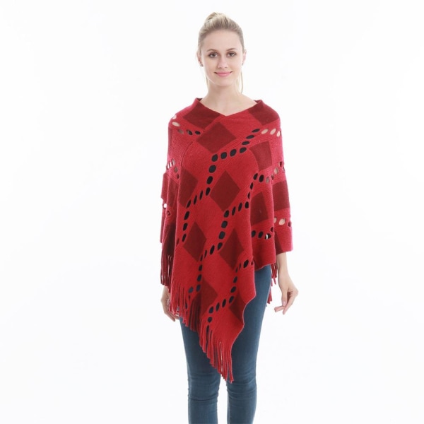 Spring Autumn Hollow-Out Poncho Lös Pullover Cape med tofs för Lady
