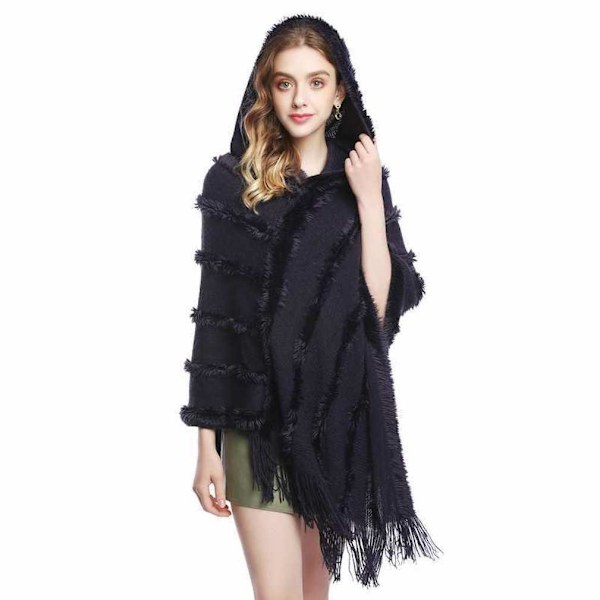 Höst Vinter Hoodie Pullover Cape Fringed Fåll Pashmina Poncho for Lady