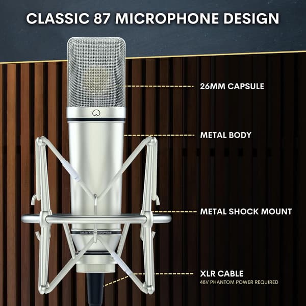 Studiokondensatormikrofon med 26 mm kapsel, XLR-kabel och stötdämpare