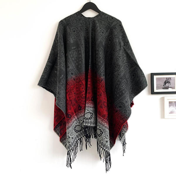 Paisley Wrap Sjal med tofs Lös Cape Grey Jacquard Poncho för Lady