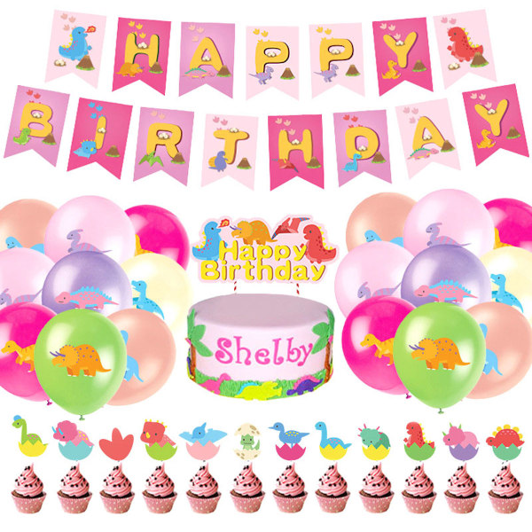 Rosa dinosaurie Grattis på födelsedagen Ballong Set Latex ballonger Party Dekoration Kit