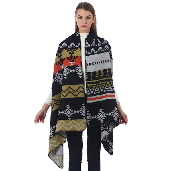 Varm sjal halsduk Öppen front poncho vinterkofta med geometriskt mönster för dam