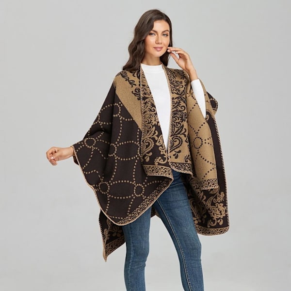 Kvinnors Pashmina Sjal Wrap Vinter Varm fyrkantig Poncho Open Front Cape Etnisk stil