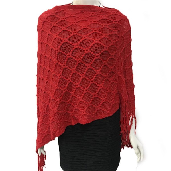 Röda Cape Stickmönster Virkad Poncho tröja Kappa Pullover Wrap med tofs för Lady