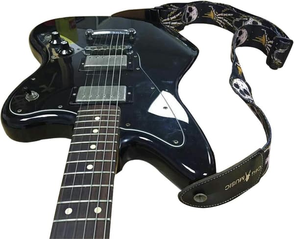 Justerbart gitarrband i läder med dödskalletema för el-, akustisk och basgitarr