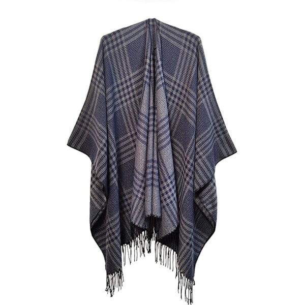 Rutig sjal Scarf Öppen front Poncho vinterkofta med tofs för dam