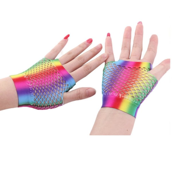 Half Finger Short Gloves Clubwear Rainbow Colorful Fishnet Handskar