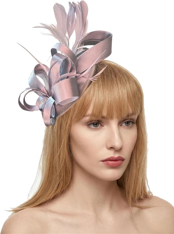Sølvfascinator-hatt for kvinner, hodeplagg med fjær og bånd til bryllup