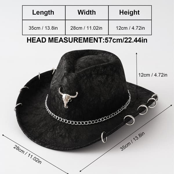 Sort PU Cowboyhat med Tyrekæde til Mænd og Kvinder