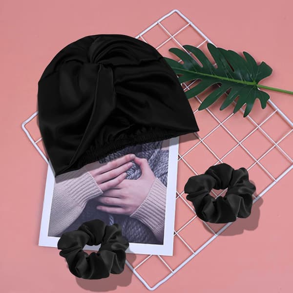 Satin-nattmössa för sömn med elastisk rosett och set med 2 hårscrunchies