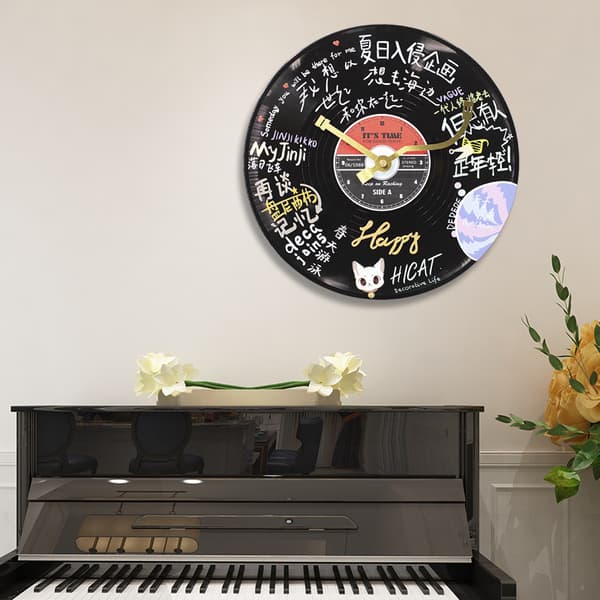 Retro Vinyl Record Wall Clock | Creative Graffiti Style with Handwritten Notes | Silent & Non-Ticking | 30cm | Unique Home or Office Decor | Modern Mu