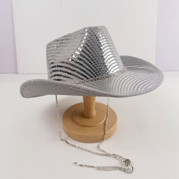 Sølvfarget metallisk cowboyhatt for kvinner med bred brem, diskofest-hatt