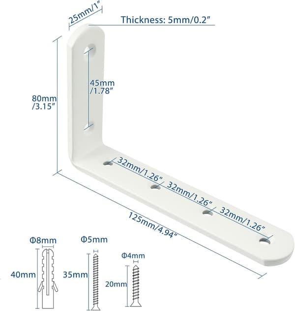 4-pack kraftiga vita hyllkonsoler i metall 12,5 cm L-format väggstöd