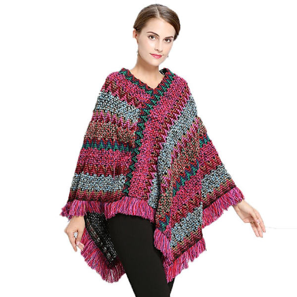 Färgglada ränder Poncho fransad fåll Virkad Cape med tofs Pullover Wrap för Lady