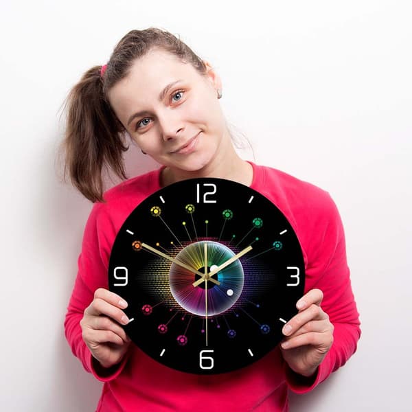 12 tuuman Rainbow Tech -seinäkello, musta akryyli, moderni abstrakti kodinsisustus