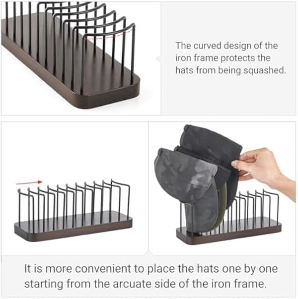Hatteorganisator for bordplate med plass til 10 hatter, utstillingsstativ i metall med solid trebunn