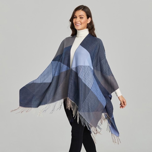 Fringed Fåll Sjal Wrap Winter Warm Poncho Open Front Cape Lady
