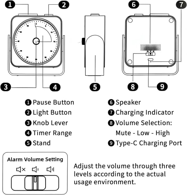 60-minuters visuell timer, USB-C-uppladdningsbar med bordsstativ och väggfäste