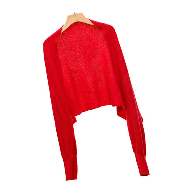 Långärmad stickning Poncho öppen främre röd kappa för kvinnor