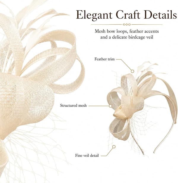 Fascinator-hatt med blomst, fjær og slør på hodebånd til bryllup og teselskaper
