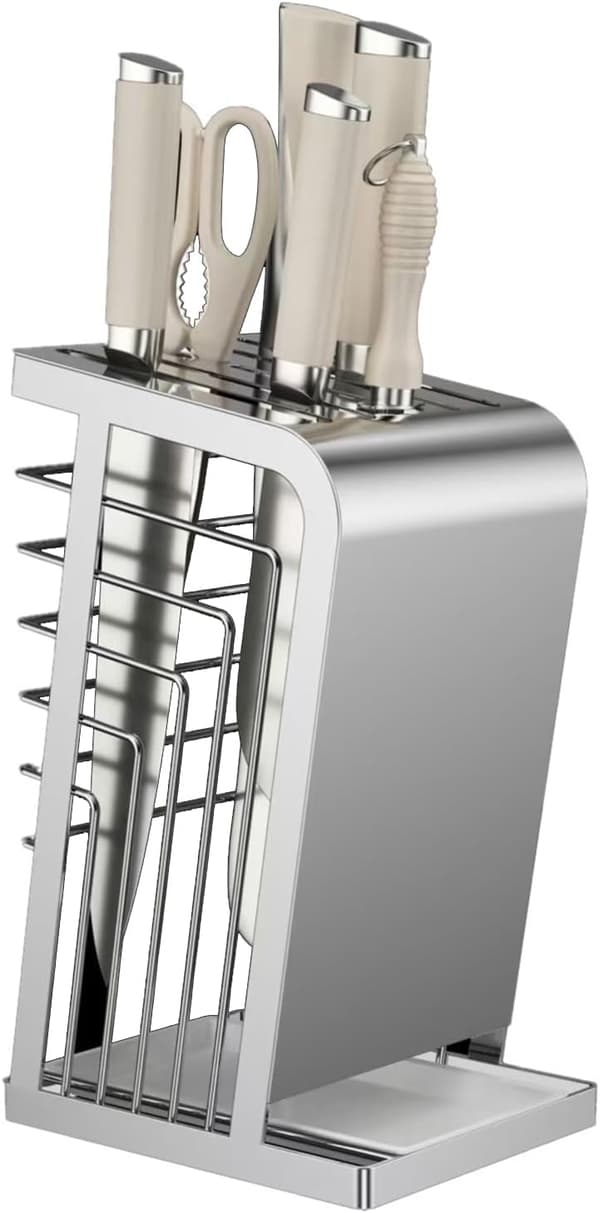 Knivblokholder i rustfrit stål med flere rum og ventileret design