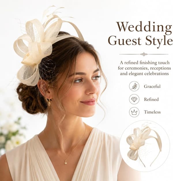 Fascinator-hatt med blomst, fjær og slør på hodebånd til bryllup og teselskaper