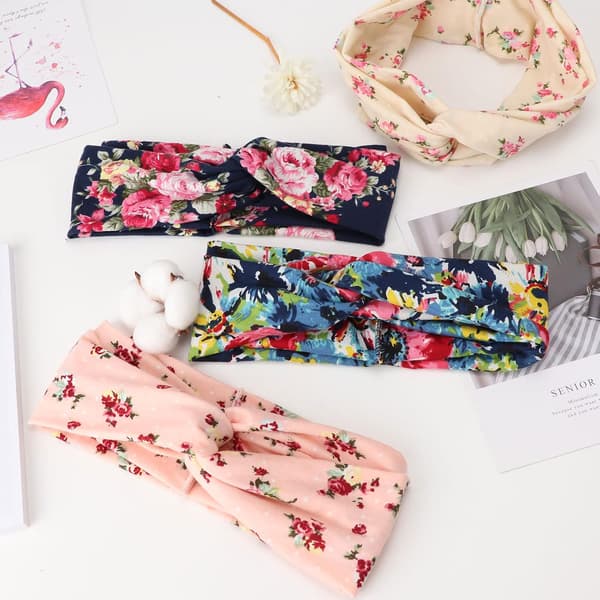 4-pak Boho blomstrede pandebånd til kvinder, elastiske hårbånd med krydsdesign