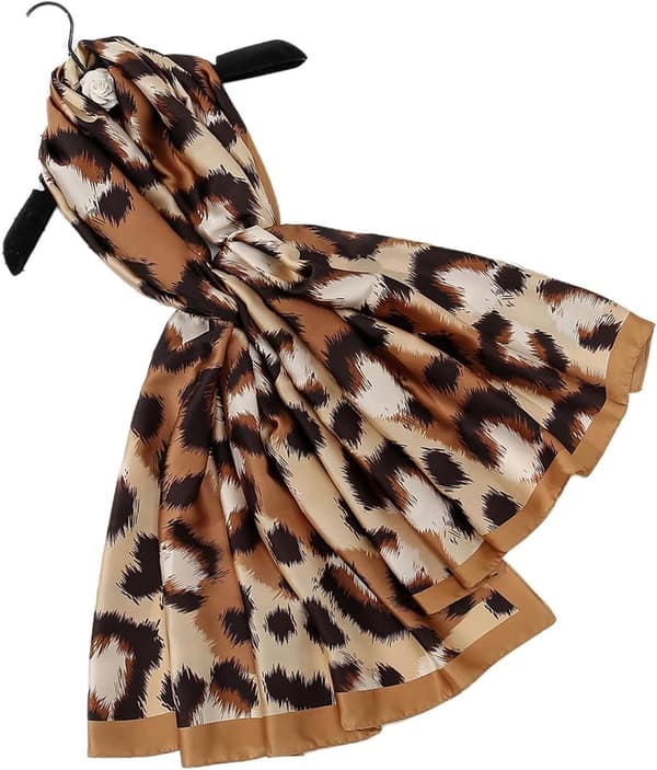 Satengskjerf med leopardmønster for kvinner, lett og silkeaktig langt sjal for damer