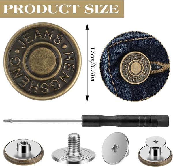 12-pack 17 mm justerbara jeansknappar, metallset för utbyte utan sömnad, brons