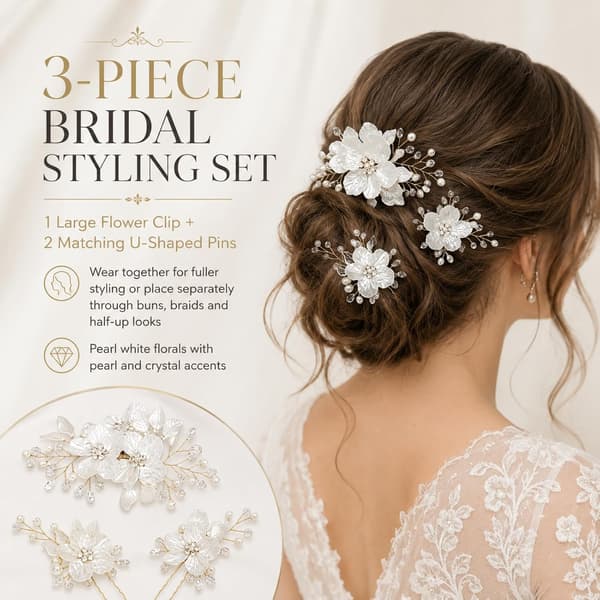 3-pack brudhåraccessoarer med pärlor, blommig hårklämma och U-formade hårnålar