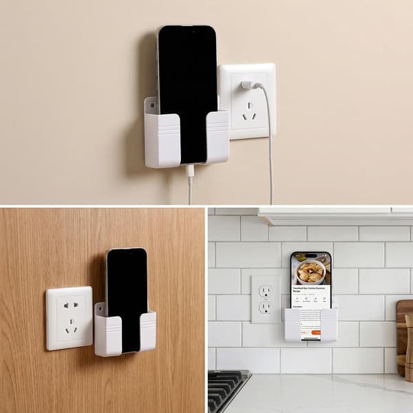 Väggmonterad telefonhållare, 2-pack självhäftande förvaringsbox med kabelhål