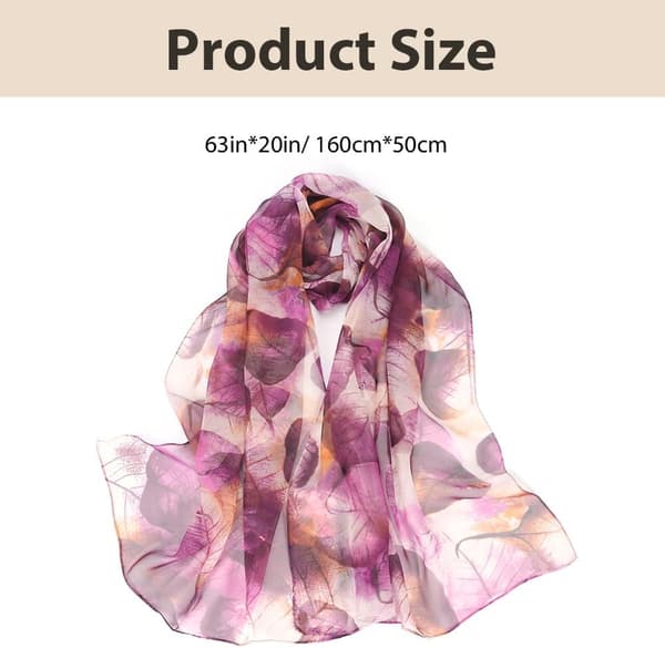 Lilla chiffon-tørklæde til kvinder, let sjal med blomster- og bladprint