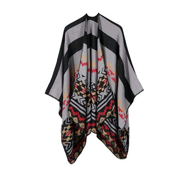 Varm sjal halsduk Öppen front poncho vinterkofta med geometriskt mönster för dam