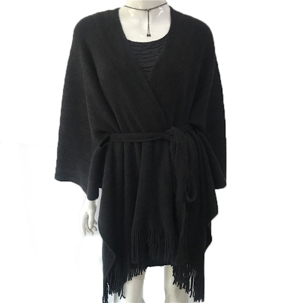 Black Sweat Coat Open Front Cape med midjeband Pullover Wrap for Lady