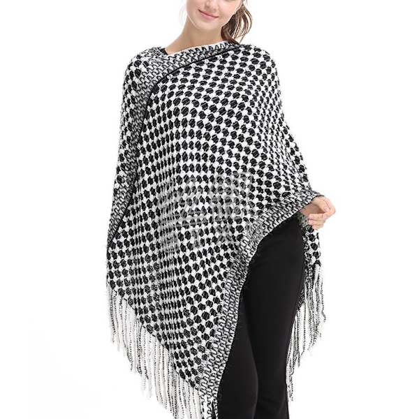 Pullover Cape Lös varm stickning Poncho med tofs för dam