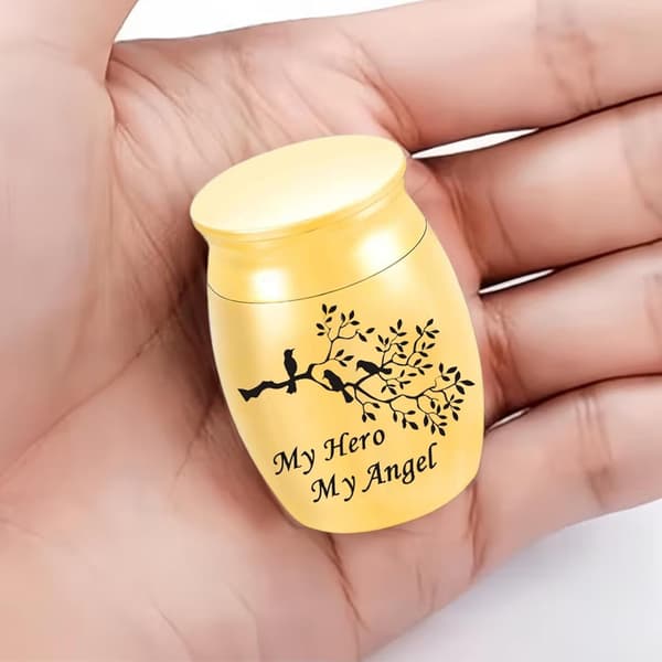 Mini-urne til aske, metal-mindebeholder med fugle- og gren-engledesign