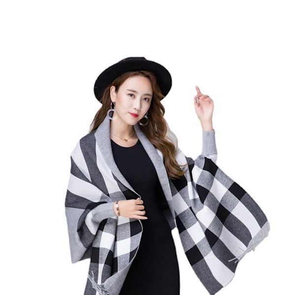 Rutig Pashmina Scarf Warm Shawl Wrap Öppen Front Poncho med Tofs för Dam