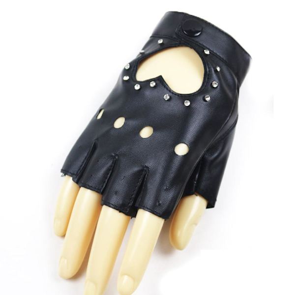 Damhandskar PU Läder Rhinestone Half Finger Stretchy Handskar Svart