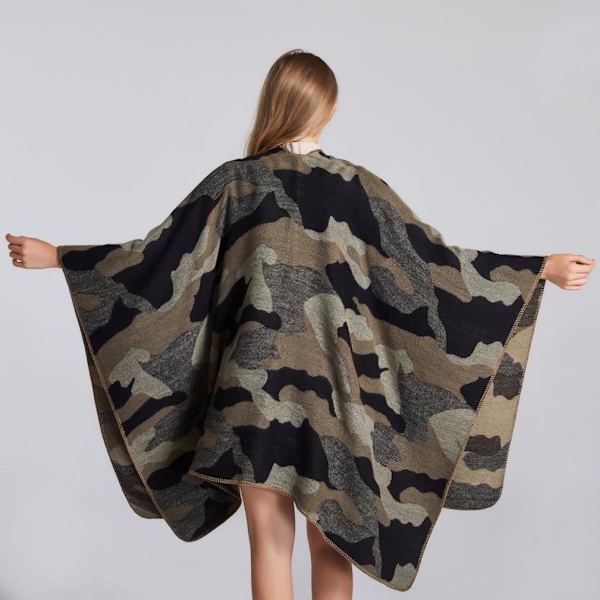 Kamouflage Pashmina Sjal Wrap Tjock Varm Poncho Öppen Front Cape for Lady