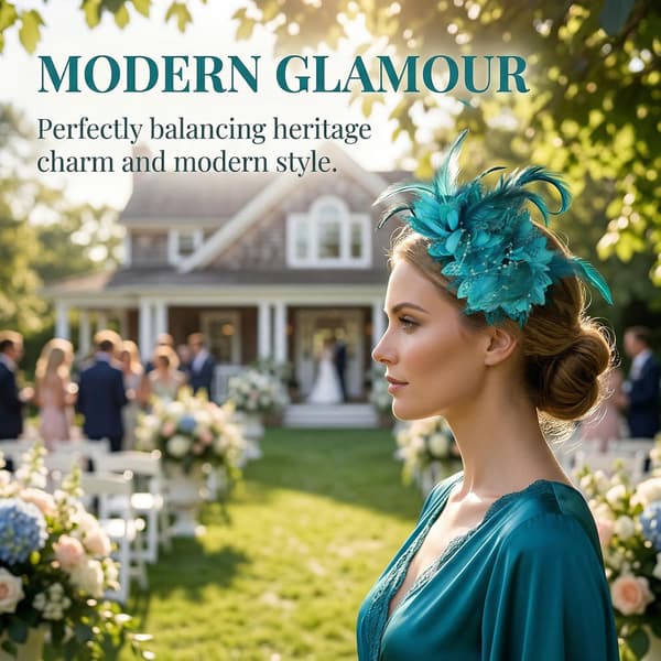 Påfugleblåt fascinator-hårbånd med fjer og mesh-blomster til bryllupper