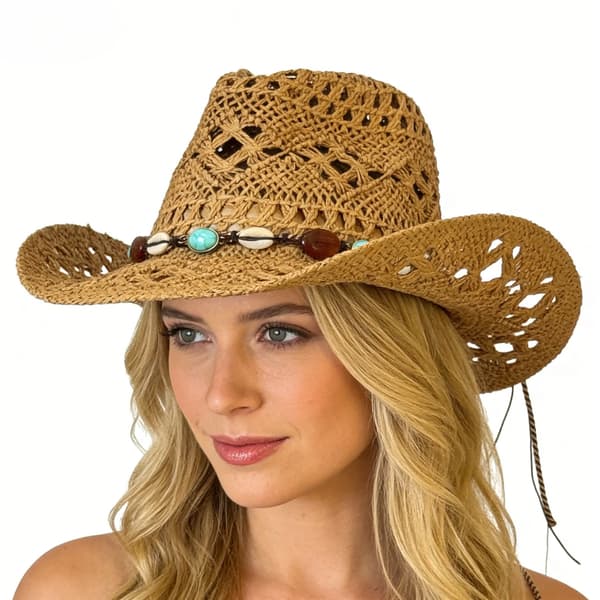 Dame Khaki Strå Cowboyhat Bred Skygge Western Solhat