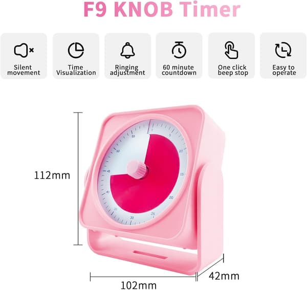 60-minuters visuell timer, USB-C-uppladdningsbar, magnetisk baksida, rosa nedräkning