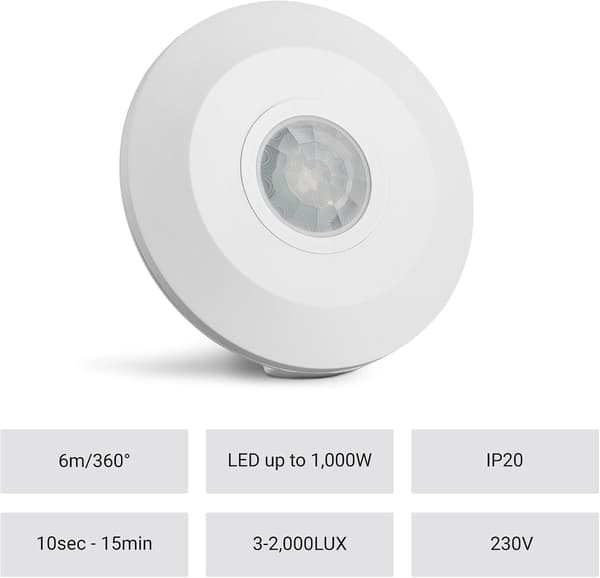 Inomhus PIR-rörelsesensor, 6 m räckvidd, 360° detektering, IP20, 220-240V, LED