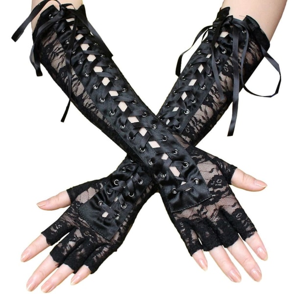 Kvinnor långa handskar spets bröllop elastiska halvfinger handskar Black